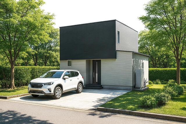 外観【Ｃ棟】駐車最大４台可！ブラックとグレーが描く、静かなコントラスト。時を重ねても色あせない、凛とした佇まいの外観です。