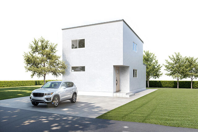 外観駐車２台可！※掲載の外観は図面を基にＣＧで描いたもので植栽・色・門扉・形状等、実際とは異なります。