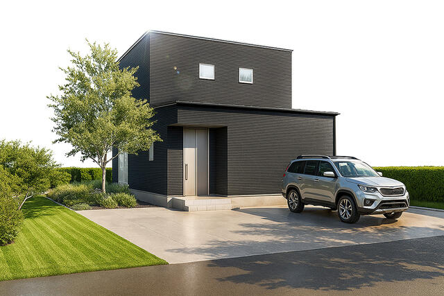 外観【Ｂ棟】駐車最大４台可！重厚感のあるデザインと、暮らしに静かな存在感を添えるブラックモダンな外観です。※掲載の外観は図面を基にＣＧで描いたもので植栽・色・門扉・形状等、実際とは異なります。