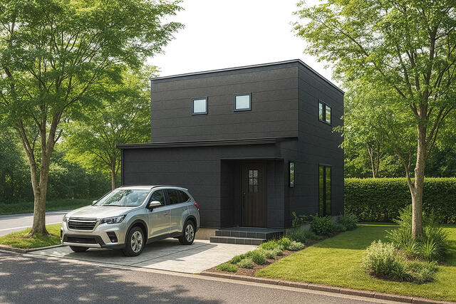 外観【Ａ棟】駐車３台可！ＥＶコンセント付♪深みのあるラントブラック、力強くも洗練されたシャープな外観デザインです。※掲載の外観は図面を基にＣＧで描いたもので植栽・色・門扉・形状等、実際とは異なります。