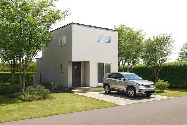 外観【Ｂ棟】駐車３台可！ＥＶコンセント付♪シルバーグレーの静かな佇まい。現代的で落ち着いた外観デザインです。※掲載の外観は図面を基にＣＧで描いたもので植栽・色・門扉・形状等、実際とは異なります。