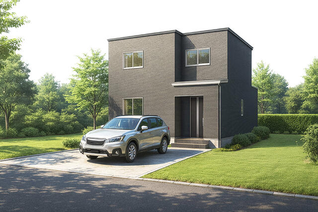 外観【Ａ棟】駐車最大４台可！直線の美しさをまとった外観デザインです。※掲載の外観は図面を基にＣＧで描いたもので植栽・色・門扉・形状等、実際とは異なります。