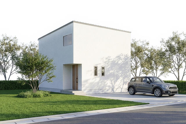 外観【Ｅ棟】駐車最大４台可！青空に美しく映える、清々しいホワイトカラーの外観デザインです。※掲載の外観は図面を基にＣＧで描いたもので植栽・色・門扉・形状等、実際とは異なります。